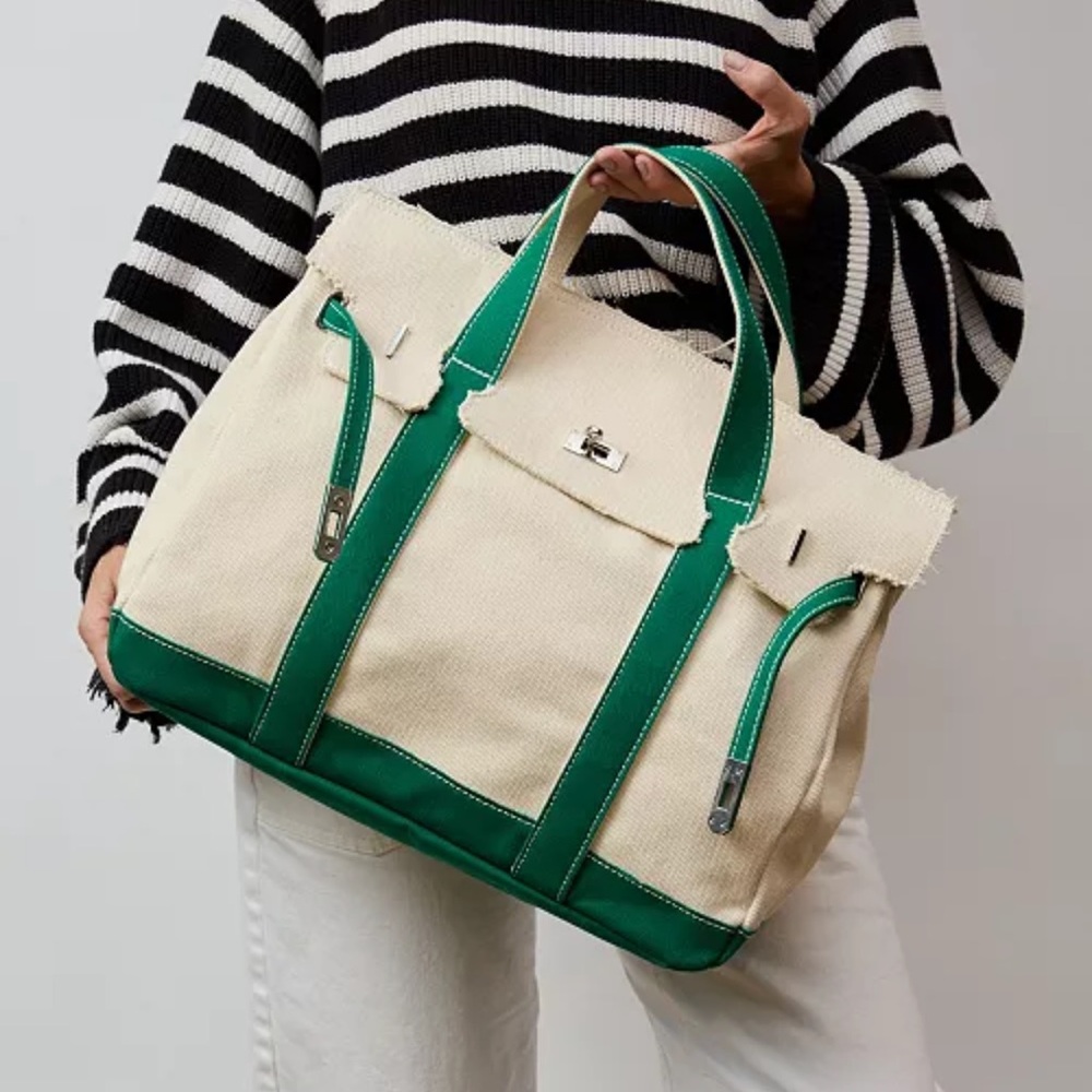 Viral Boatkin inspired Canvas Large Tote Bag with Green Trim.